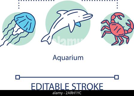 Symbol für Aquarienkonzept. Tropische Unterwassertiere. Anzeige der Meereslebensdauer. Wasserzoo. Nautische Tierwelt zeigt eine dünne Linienabbildung. Vektor i. Stock Vektor