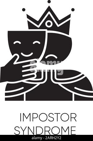 Glyph-Symbol für das Impostor-Syndrom. Trauriger Mann mit lächelndem Gesicht. Betrug, Zweifel. Erfahrung mit dem Impostorismus. Scheinheiligkeit. Jester verkleidet. Mentales Problem. Silhouetten-Symb Stock Vektor