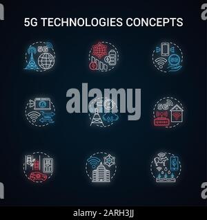 5G-Technologien - Symbole für das Neonlichtkonzept. Idee für Hochgeschwindigkeitsverbindungen. Globale Abdeckung. Mobiles Internet. Wireless-Technologie. Leuchtende vektor-isolat Stock Vektor