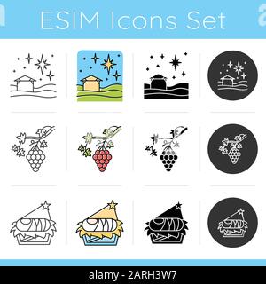 Symbole für Bibelerzählungen gesetzt. Weihnachtsstern, Weinrebe, Kinderkrippe mit Jesus. Neues Testamente. Lernen des Evangeliums. Weihnachtsgeschichte. Flaches Design, linear, schwarz Stock Vektor