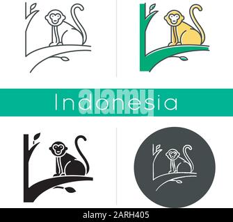 Symbol für Babyaffe. Tropische Landtiere, Säugetiere. Erkunden Sie die Tierwelt der indonesischen Inseln. Süße Primaten sitzen. Lineare, schwarze, Kreide- und Farbstile. Stock Vektor