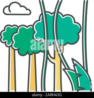 Regenwaldpflanzen und Bäume färben Symbol. Immergrüne Waldreben. Lianas und hohe Bäume. Reise in den indonesischen Dschungel. Entdecken Sie die Natur Balis. Erkunden von t Stock Vektor