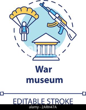 Symbol für das Konzept des Kriegsmuseums. Militärdenkmal. Archive der Kaiserlichen. Fallschirmjäger und automatisierte Pistole. Kriegsführung Geschichte Ausstellung Idee dünne Linie Illustration. Stock Vektor