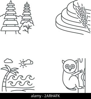 Lineare Symbole in Indonesien festgelegt. Tropische Landtiere. Indonesische Inseln. Exotische Orte erkunden. Kontursymbole mit dünnen Linien. Isolierter Vektorkontur Stock Vektor
