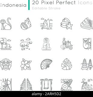 Lineare Symbole in Indonesien festgelegt. Tropische Landtiere, Pflanzen. Indonesische Inseln. Exotische Traditionen. Kontursymbole mit dünnen Linien. Isolierter Vektor-Outlin Stock Vektor