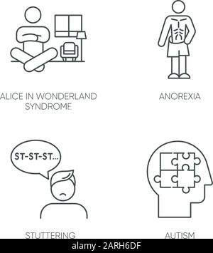 Lineare Symbole für psychische Störungen festgelegt. Alice im Wunderland-Syndrom. Magersucht. Stottern. Sprachstörung. Autismus. Kontursymbole mit dünnen Linien. Isolierte vec Stock Vektor