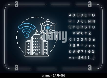 Symbol für das Konzept der Neonbeleuchtung in der Stadt. Idee zu 5G-Technologien. Internet der Dinge, Netzwerke. Futuristische Technik. Stadttechnik. Leuchtendes Zeichen mit Alphabet, Stock Vektor