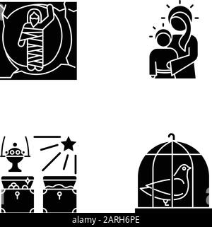 Bibelerzählungen Glyphe Ikonen gesetzt. Erweckt Lazarus, Jungfrau Maria mit Sohn Jesus, Geschenke des Magis, Taube im Käfig. Osterwoche. Geschichten aus dem Gospel. Sil Stock Vektor