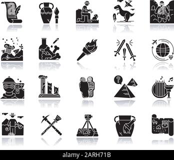 Archäologische Schlagschatten schwarze Glyphe Symbole gesetzt. Forscher zur Ausgrabung. Uralte Artefakte. Prähistorisches Leben, Kultur. Feldforschung. Vasenwiederherstellung Stock Vektor