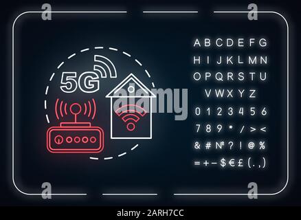 Symbol für das Konzept der Neonbeleuchtung mit festem Wireless-Zugang. Idee zu 5G-Technologien. Globale Abdeckung. Mobiles Internet. Hochgeschwindigkeitsverbindung. Leuchtendes Zeichen, Alphabet, Stock Vektor