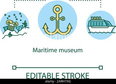 Symbol für maritimes Museumskonzept. Wassertransportausstellung. Verschollene Städte Ruinen. Nautische Open-Air-Ausstellung Idee dünne Linie Illustration. Vektor isoliert Stock Vektor