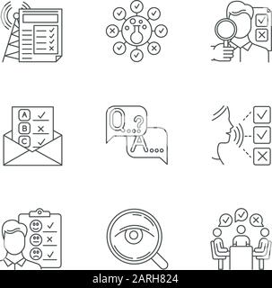 Lineare Symbole für Umfragemethoden festgelegt. Chemische Analyse. E-Mail, Umfrage zur Internetverbindung. Kundenzufriedenheit. Feedback. Kontursymbole mit dünnen Linien. Isola Stock Vektor
