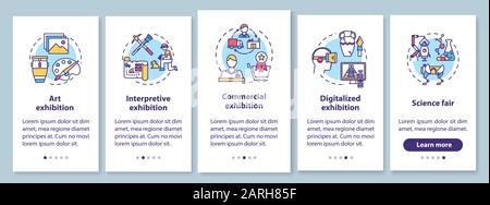 Ausstellung und Museum Onboarding Mobile App Page Screen mit linearen Konzepten. Ausstellung. Wissenschaftsmesse. Fünf grafische Anweisungen für die Durchgänge. U Stock Vektor