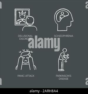 Kreidesymbole für psychische Störungen gesetzt. Wahnhafte Person. Schizophrenie. Panikangriff. Parkinson-Krankheit. Verwirrter Verstand. Demenz. Zittern in Bewegung. Isola Stock Vektor