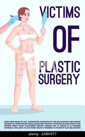 Plakatvektorvorlage für Opfer von plastischen Operationen. Ästhetische Chirurgie-Suchtkranke. Broschüre, Cover, Booklet Page Concept Design mit flachen Illustrationen. Ad Stock Vektor