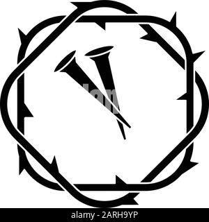 Dornenkrone und Nägel Glyph-Ikone. Passionssymbole Jesu Christi. Osterkranz und Stacheln. Karfreitag. Neues Testamente. Silhouettensymbol. Neg Stock Vektor