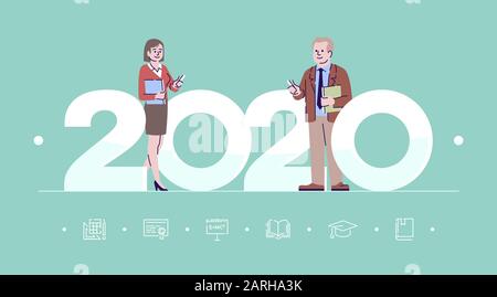Berufsbilder 2020 - Vektor-Vorlage für flache Banner. Lehrer isolierten Zeichentrickfiguren auf Türkis. Schul- oder Uni-Erzieher. Banner, Broschürenseite Stock Vektor