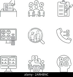 Lineare Symbole für Umfragemethoden festgelegt. Telefon, Online-Umfrage. Bewertung. Interview. Öffentliche Meinung. Kundenzufriedenheit. Kontursymbole mit dünnen Linien. Isoliert Stock Vektor