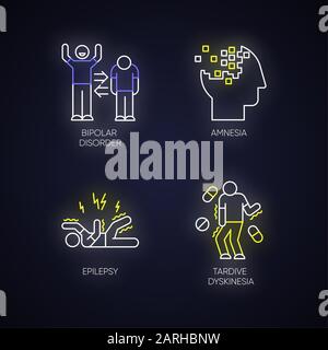 Die Symbole für die Neonbeleuchtung der psychischen Störung werden gesetzt. Manische und depressive Episoden. Bipolare Störung. Amnesien. Speicherverlust. Epileptischer Anfall. Tardive Dyskinesien. Gl Stock Vektor