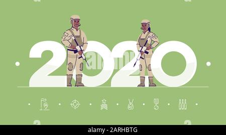 Berufsbilder 2020 - Vektor-Vorlage für flache Banner. Soldaten isolierten Zeichentrickfiguren auf Grün. Menschen in Militäruniform mit Waffe. Banner, Broschüre Stock Vektor