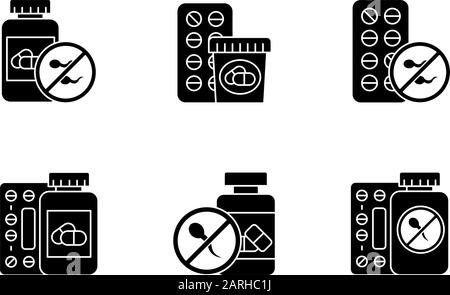 Glyph-Symbole für die Geburtssteuerung festgelegt. Medikamente und Pillen. Unerwünschte Schwangerschaftsprävention. Orales Verhütungsmittel. Weibliche Pharmazeutin. Predmenstrualsyndrom. Stock Vektor