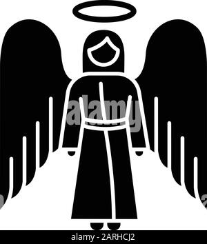 Symbol für Engelsglyphe. Biblischer Erzengel. Menschliche Figur im Gewand mit Flügeln und Halo. Heiliger Engel zu Weihnachten. Götter Bote. Christliches Symbol. Silhouettensym Stock Vektor