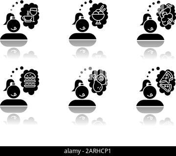 Lebensmittel craving Drop Shadow Black Glyph Icons Set. Frau denkt an ungesunden Imbiss. Köstliche Leckerei. Gedanken zu fast Food. Burger, Pizza. Eis. A Stock Vektor
