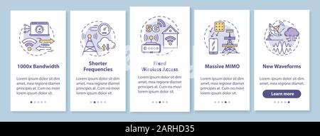 5G-Technologien, die den Bildschirm der mobilen App mit linearen Konzepten einboarding. Kürzere Frequenzen. Massive MIMO. Fünf grafische Anweisungen für die Durchgänge Stock Vektor
