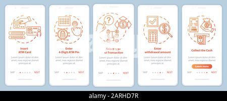 Vektorvorlage für den Bildschirm "ATM Instruction Onboarding Mobile App". Schritte der Website mit linearen Abbildungen durchgehen. Wählen Sie den Transaktionstyp aus. UX Stock Vektor