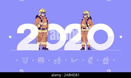 Berufsbilder 2020 - Vektor-Vorlage für flache Banner. Feuerwehrleute isolierten Zeichentrickfiguren auf Blau. Feuerwehrmann in Schutztracht. Banner, Broschürenseite, Stock Vektor