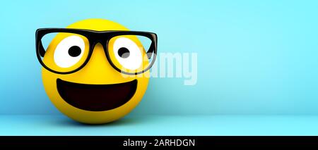 Fröhliches Emoticon mit Brille 3d Rendering Stockfoto