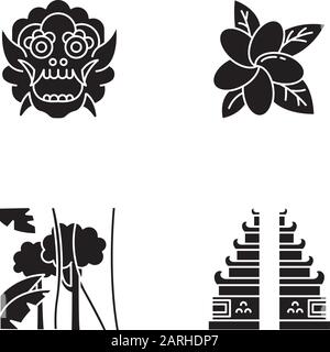 Indonesien Glyphe Symbole gesetzt. Tropische Landpflanzen. Urlaub auf indonesischen Inseln. Exotische Kultur. Einzigartige Flora. Sehenswürdigkeiten und Architektur von Bali. S Stock Vektor