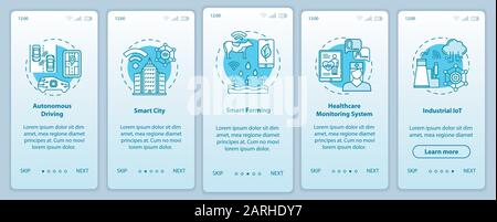 5G-Technologien Onboarding Mobile App Page Screen Vector Template. Intelligente Stadt. Schritte der Website mit linearen Abbildungen durchgehen. Autonomes Fahren Stock Vektor
