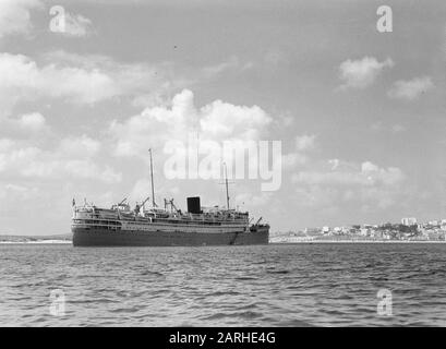 Seereise mit MS Baloeran Blick auf das Passagierschiff Baloeran aus Tanger. Anmerkung: Dieses Foto ist Teil einer Reihe von Fotos von einer Reise mit der MS Baloeran des Rotterdamer Lloyd Datum: 1935 Ort: Marokko, Tanger Schlüsselwörter: Häfen, Schiffe Stockfoto