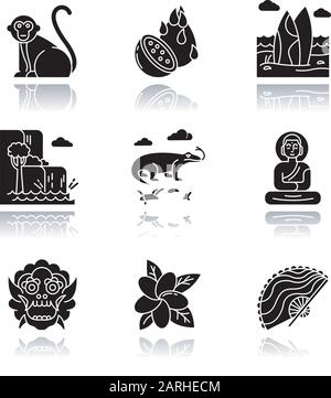 Indonesien Schlagschatten schwarze Glyphe Symbole gesetzt. Tropische Landtiere. Reise zu indonesischen Inseln. Asiatische Tierwelt. Einzigartige Flora und Fauna. Bali Sehenswürdigkeiten Stock Vektor