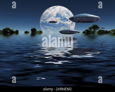 Blauer Planet am Horizont. UFOs am Himmel Stockfoto