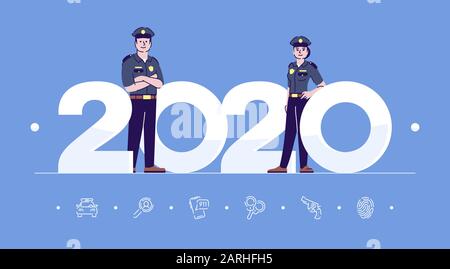 Berufsbilder 2020 - Vektor-Vorlage für flache Banner. Polizisten isolierten Zeichentrickfiguren auf Blau. Menschen in Uniform. Banner, Broschürenseite, Merkblatt d Stock Vektor