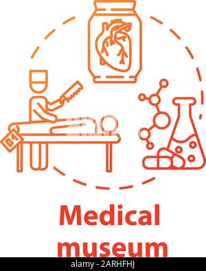 Symbol für medizinisches Museumskonzept. Anatomieausstellung. Körperzerschnitt und Organuntersuchung. Chemische Forschung. Wissenschaftliche Exposition Idee dünne Linie illus Stock Vektor