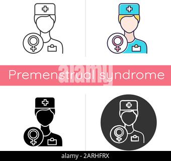 Symbol Gynäkologe Beratung. Weibliche Gesundheitsuntersuchung. Kliniktermin. Pränatale Gesundheitshilfe. Krankenhausbesuch. Flaches Design, linear und farbig Stock Vektor