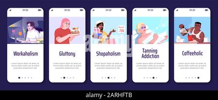 Vektorvorlage für den Bildschirm "Abhängigkeit beim Einsteigen in mobile Anwendungen". Workaholismus, Gluttonie, Shopaholismus, Kaffeeholik. Schritte auf der Website mit flachem Charakter Stock Vektor
