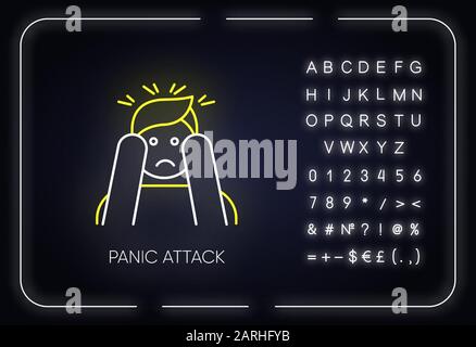 Symbol für Panikattacke mit Neonlicht. Angst und Depression. Paranoia und Kobie. Psychische Störung. Psychologisches Problem. Leuchtendes Zeichen mit Alphabet, Zahlen Stock Vektor