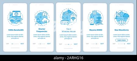 5G-Technologien, die den Bildschirm der mobilen App mit linearen Konzepten einboarding. Massive MIMO. Kürzere Frequenzen. Fünf grafische Anweisungen für die Durchgänge Stock Vektor