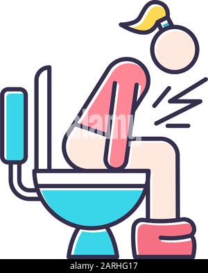 Farbsymbol für Durchfall. Verdauungstrakt. Krankheit und Krankheit. Lebensmittelvergiftung. Menstruationsproblem. Symptom "Zeitraum" und "PMS". Mädchen auf toilette. Woma Stock Vektor