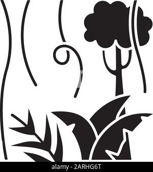 Regenwaldpflanzen und Bäume glyph Symbol. Immergrüne Waldreben. Lianas und Farn Frond. Indonesischer Dschungel. Entdecken Sie die tropische Flora. Silhouettensymbol. Stock Vektor
