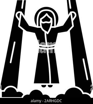 Himmelfahrt Jesu Christi Glyphe Ikone. Messiah, der Sohn gottes, der in göttlichem Licht auf die Wolke hebt. Heiland im Himmel. Bibel ostergeschichte. Silhouetten-Symbol Stock Vektor