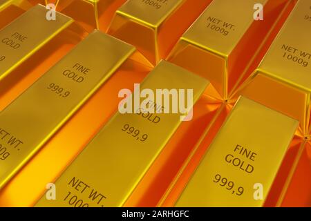 Gestapelte Reihen glänzender Goldbarren oder -Balken Hintergrund - unverzichtbares Metall- oder Geldinvestitionskonzept für die Elektronikproduktion, 3D-Abbildung Stockfoto