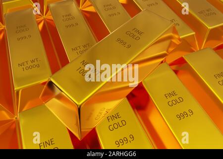 Single Gold Ingot auf Reihen glänzender Goldbarren oder -Balken Hintergrund - Essential Electronics Production Metal or Money Investment Concept, 3D illustrio Stockfoto