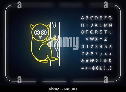 Symbol für Tarsier Neonlicht. Tropische Landtiere, Säugetiere. Erkunden Sie exotische indonesische Inseln mit Tierwelt. Primat auf Baum. Leuchtendes Zeichen mit Alphabet, Stock Vektor