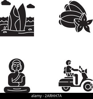 Indonesien Glyphe Symbole gesetzt. Tropisches Land am Meer. Urlaub auf indonesischen Inseln. Exotische Traditionen und Kultur entdecken. Einzigartige Früchte. Bali Kultur Stock Vektor