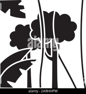 Glyph-Symbol für den Regenwald. Exotische Bäume und Pflanzen. Flora indonesischer Inseln. Tropisches Grün. Dschungellianen, Bäume und Palmenblätter. Silhouetten-Symbol Stock Vektor